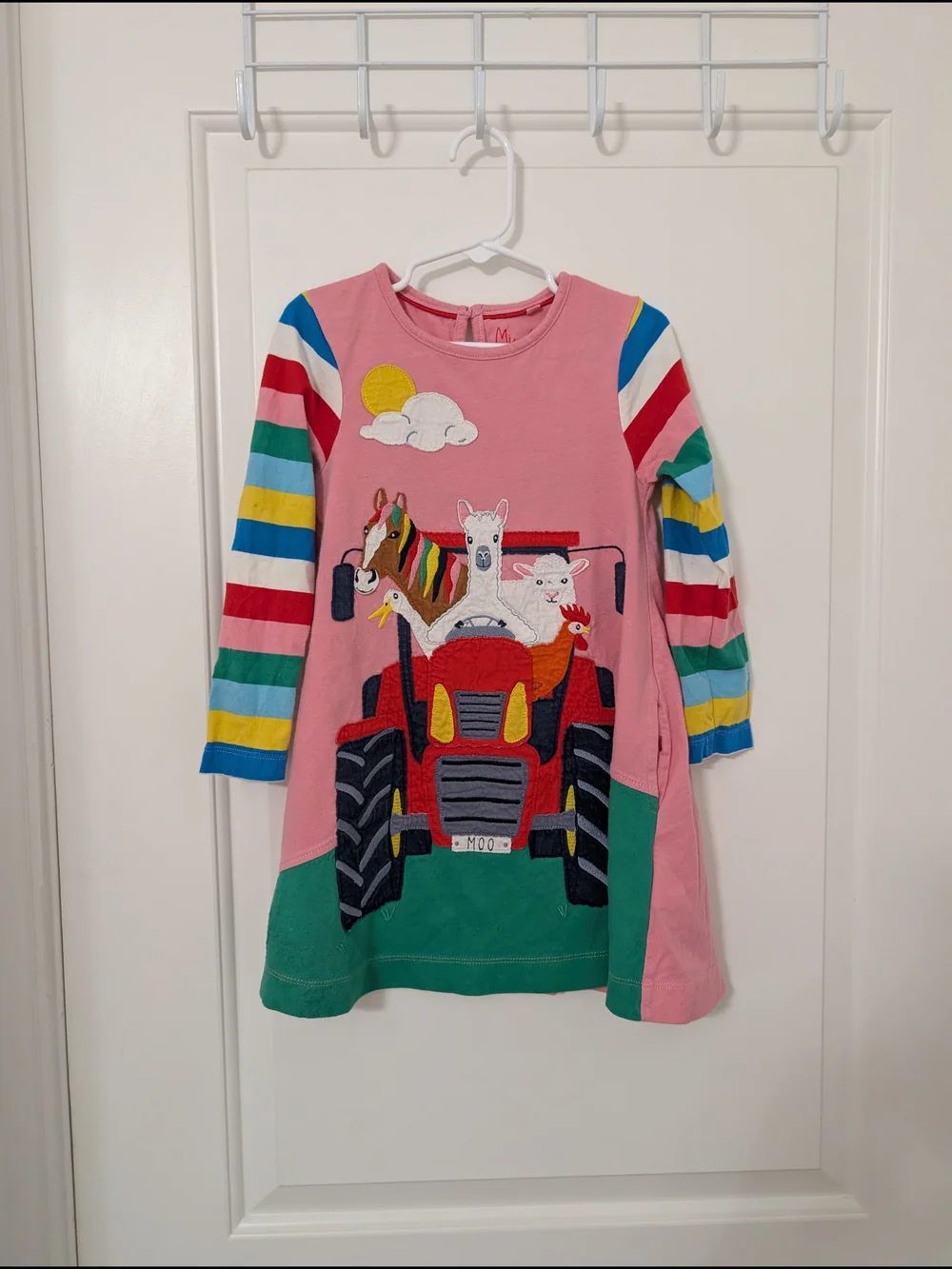 Mini Boden Pink Rainbow Striped Farm Animal Tractor Applique Long Sleeve Dress - Picture 1 of 4